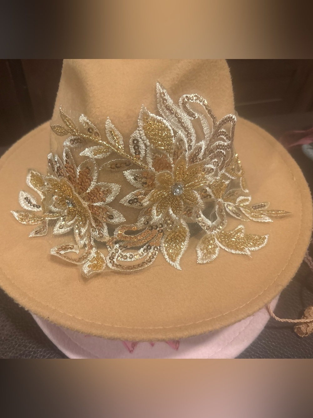 Embellished Tan Wide-Brim Fedora with Gold Floral Appliqué